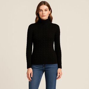 Eagle's Eye 100% Wool Black Cable Knit Turtleneck Sweater (Small)